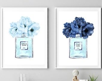 Perfume Print Blue Peonies Art Chic Fashion Poster Chic And – Etsy With Soft Blue Wall Art (View 13 of 15)