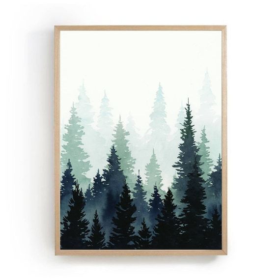 Pine Tree Wall Art Forest Watercolor Indigo Blue Large – Etsy Israel Throughout Pine Forest Wall Art (View 11 of 15)