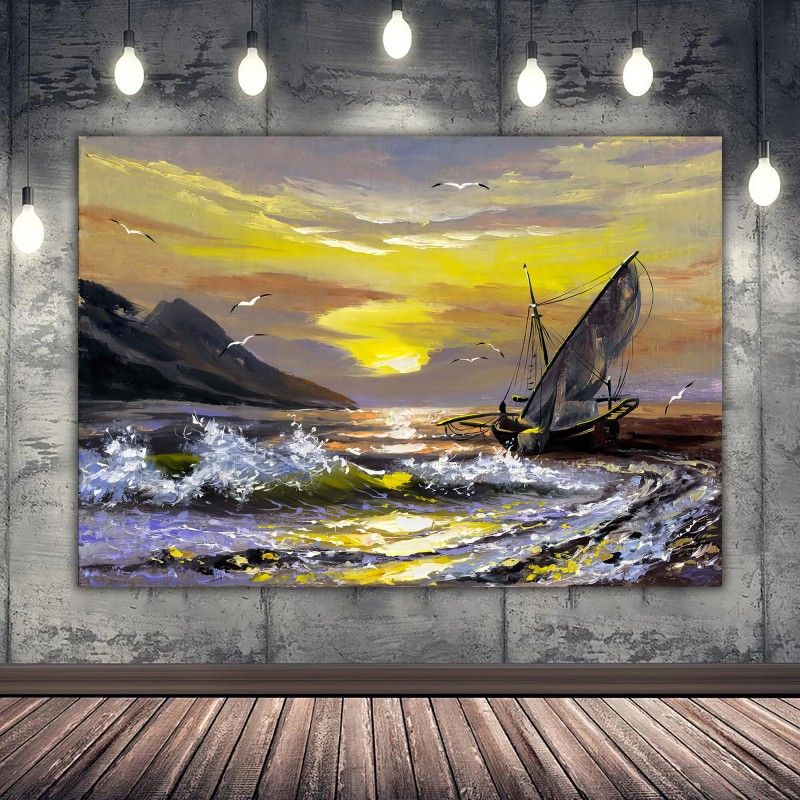 Seascape With Sunset Canvas Print, Sunset Landscape Wall Art, Old Style Wall  Print, Landscape Painting For Home With Sunset Landscape Wall Art (View 1 of 15)