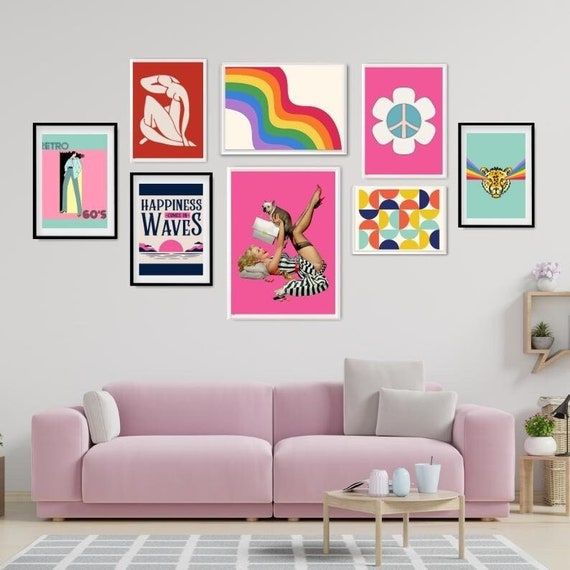 Set Of 8 Colorful Retro Wall Art Prints Eclectic Gallery Wall – Etsy Inside Retro Wall Art (View 2 of 15)