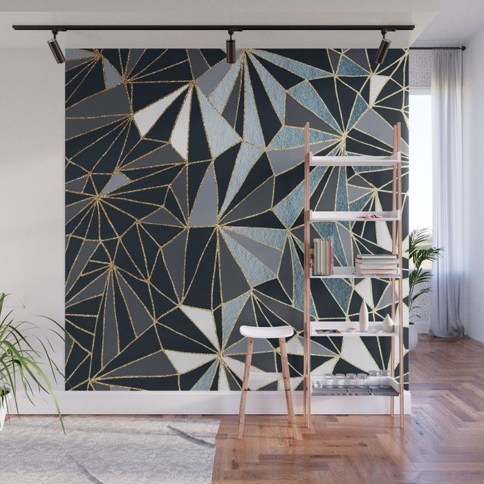Stylish Art Deco Geometric Pattern – Black, Blue, Gold #abstract #pattern  Wall Muraldominique Vari | Society6 Regarding Abstract Pattern Wall Art (View 1 of 15)