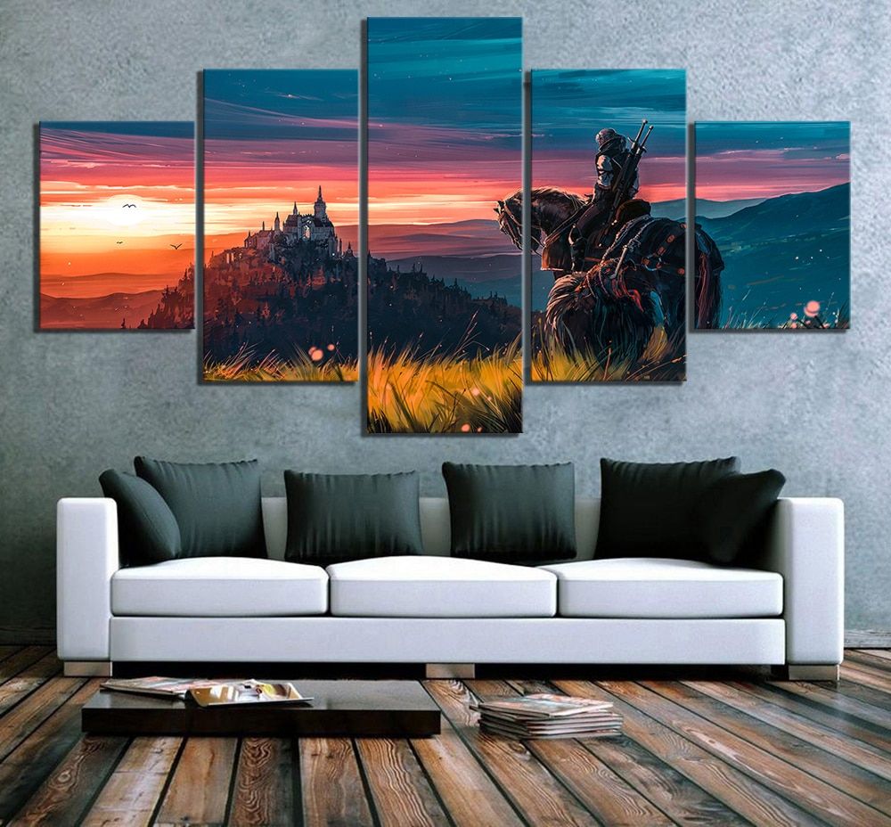 The Witcher 3 Wild Hunt Sunset Landscape Gaming – 5 Panel Canvas Art Wall  Decor – Houston Wall Pertaining To Sunset Landscape Wall Art (View 14 of 15)