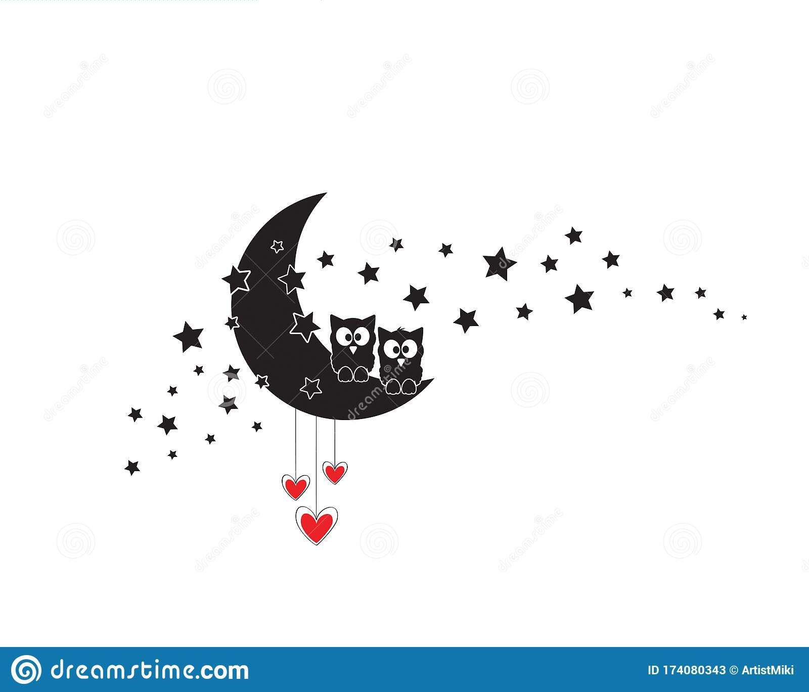 Two Owls On The Moon With Stars And Hearts Illustration, Vector (View 15 of 15)