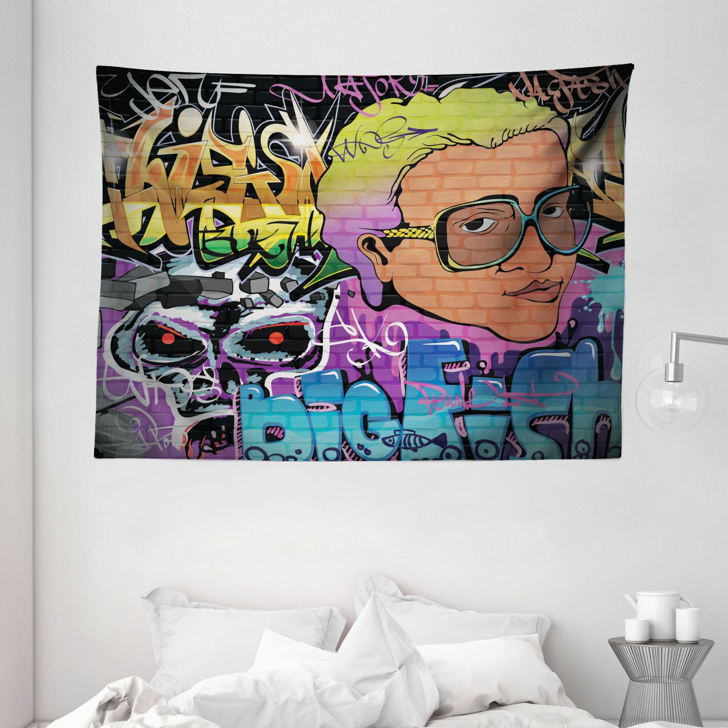 Urban Graffiti Tapestry, Artistic Hip Hop Design Graffiti Wall Urban Art  Background Man Head Detail, Wall Hanging For Bedroom Living Room Dorm Decor,  80w X 60l Inches, Multicolor,ambesonne – Walmart Pertaining To Hip Hop Design Wall Art (View 11 of 15)