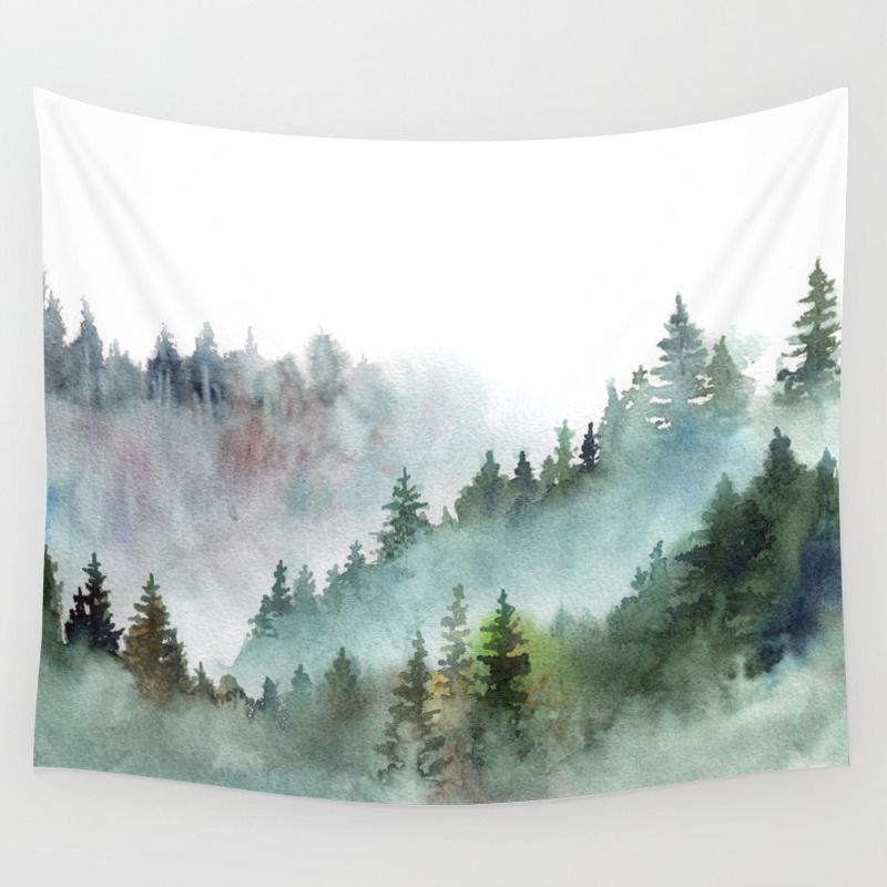 Watercolor Pine Forest Mountains In The Fog Wall Tapestrytaranealarts |  Society6 With Mountains In The Fog Wall Art (View 8 of 15)