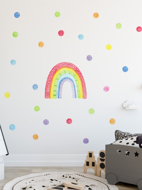 Watercolor Rainbow And Polka Dots Wall Decals – Decobeez In Dots Wall Art (View 10 of 15)