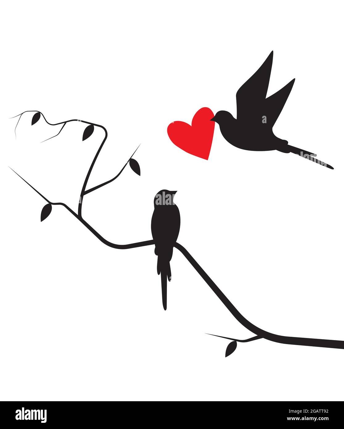 Birds Couple On Branch On Sunset, Vector. Birds Silhouettes In Love,  Illustration. Wall Decals Isolated On White Background (View 10 of 15)