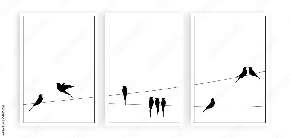 Birds Silhouettes On Wire, Vector. Wall Decals, Wall Art Work. Scandinavian  Minimalist Art Design. Three Pieces Poster Design Isolated On White  Background. Flying Bird Silhouette, Illustration (View 9 of 15)