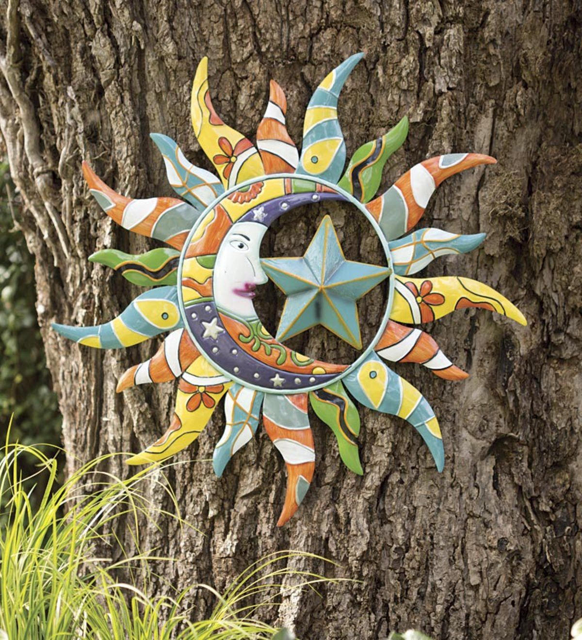 Colorful Metal Talavera Style Sun, Moon And Star Indoor/outdoor Wall Art |  Wind And Weather Intended For Indoor Outdoor Wall Art (View 15 of 15)