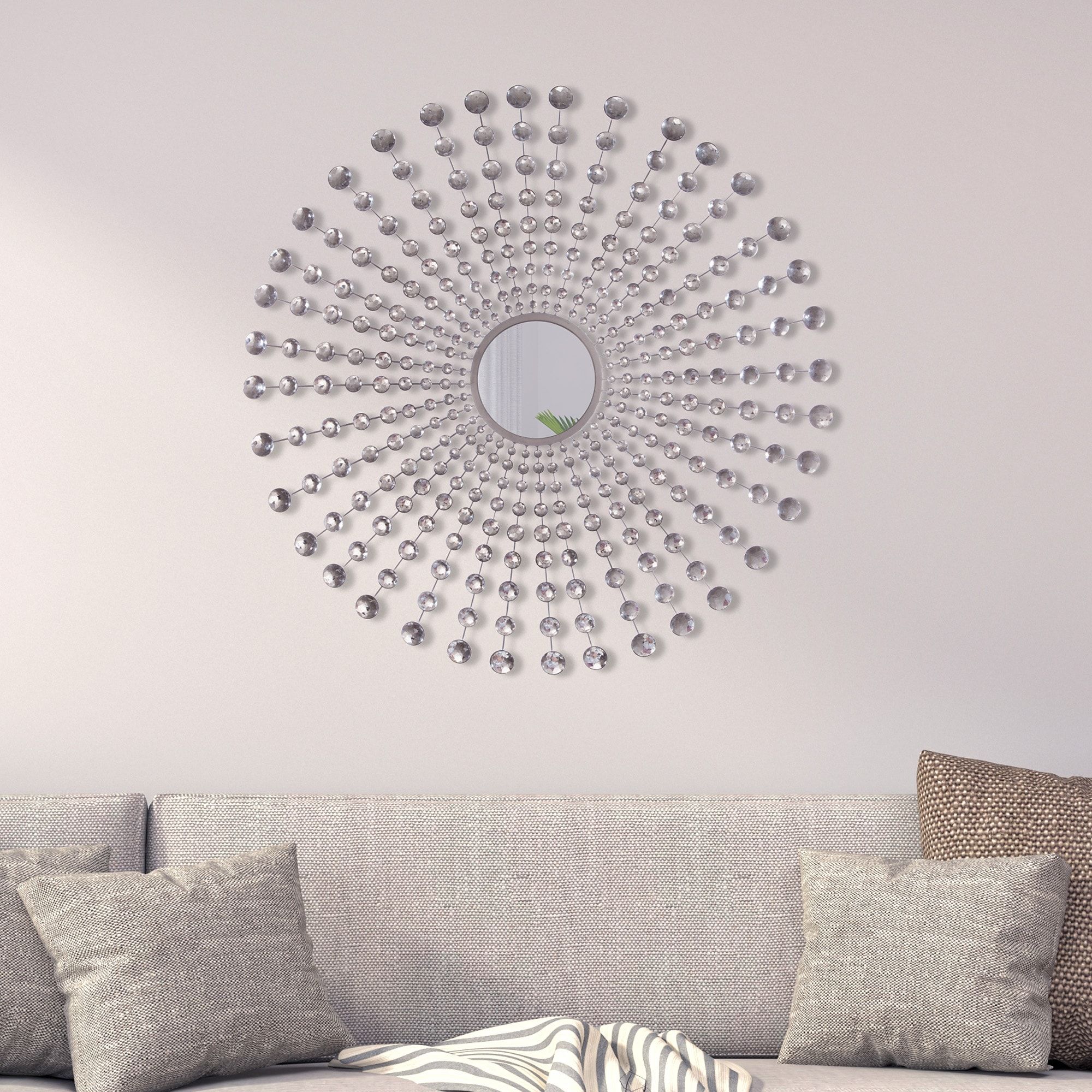 Crystal Beaded Jeweled Round Starburst Wall Mount Mirror, Silver, 36" X 36"  – Silver – On Sale – Overstock – 22227331 With Regard To Starburst Jeweled Hanging Wall Art (Photo 9 of 15)