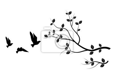Flying Birds On Branch, Birds Silhouette, Birds On Tree, Art Wall Mural •  Murals Silhouette, Natural, Drawing | Myloview For Silhouette Bird Wall Art (Photo 8 of 15)