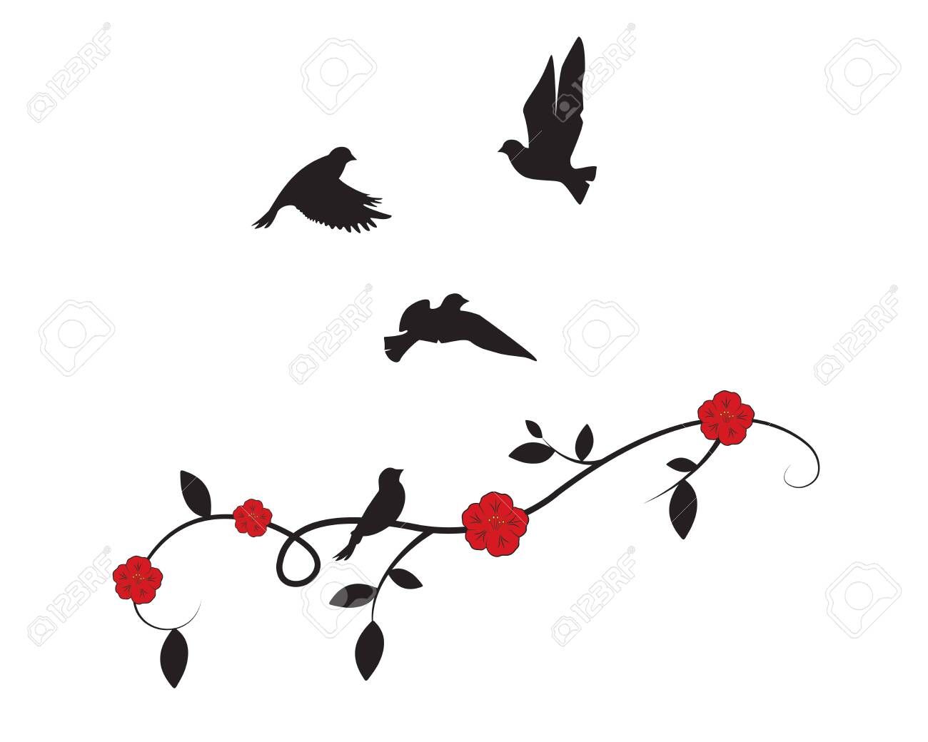 Flying Birds On Branch Vector, Birds Silhouettes, Wall Decals, Birds  Silhouette, Birds On Branch With Flowers, Art Design, Wall Art. Isolated On  White Background Royalty Free Svg, Cliparts, Vectors, And Stock  Illustration. Pertaining To Silhouette Bird Wall Art (Photo 7 of 15)