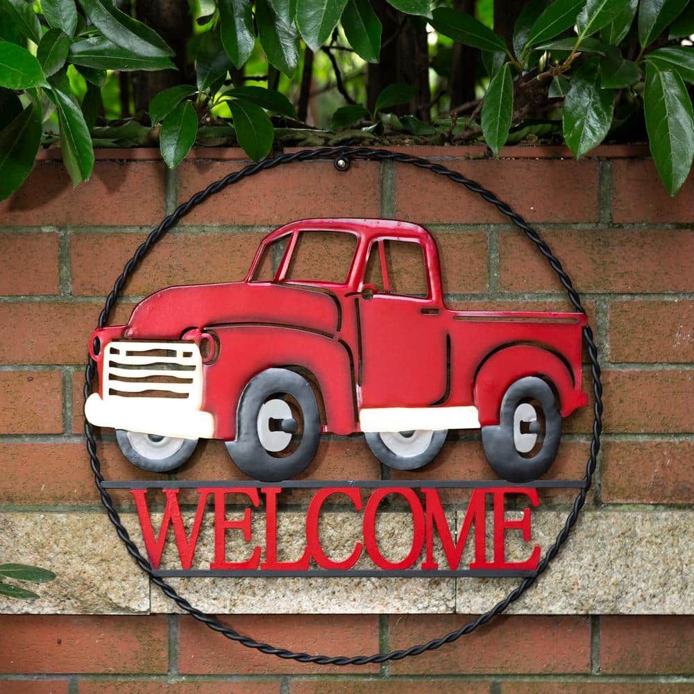 Glitzhome 20 In. D Farmhouse Metal Truck Welcome Wall Art Decor 2023100004  – The Home Depot Pertaining To Vintage Metal Welcome Sign Wall Art (Photo 9 of 15)