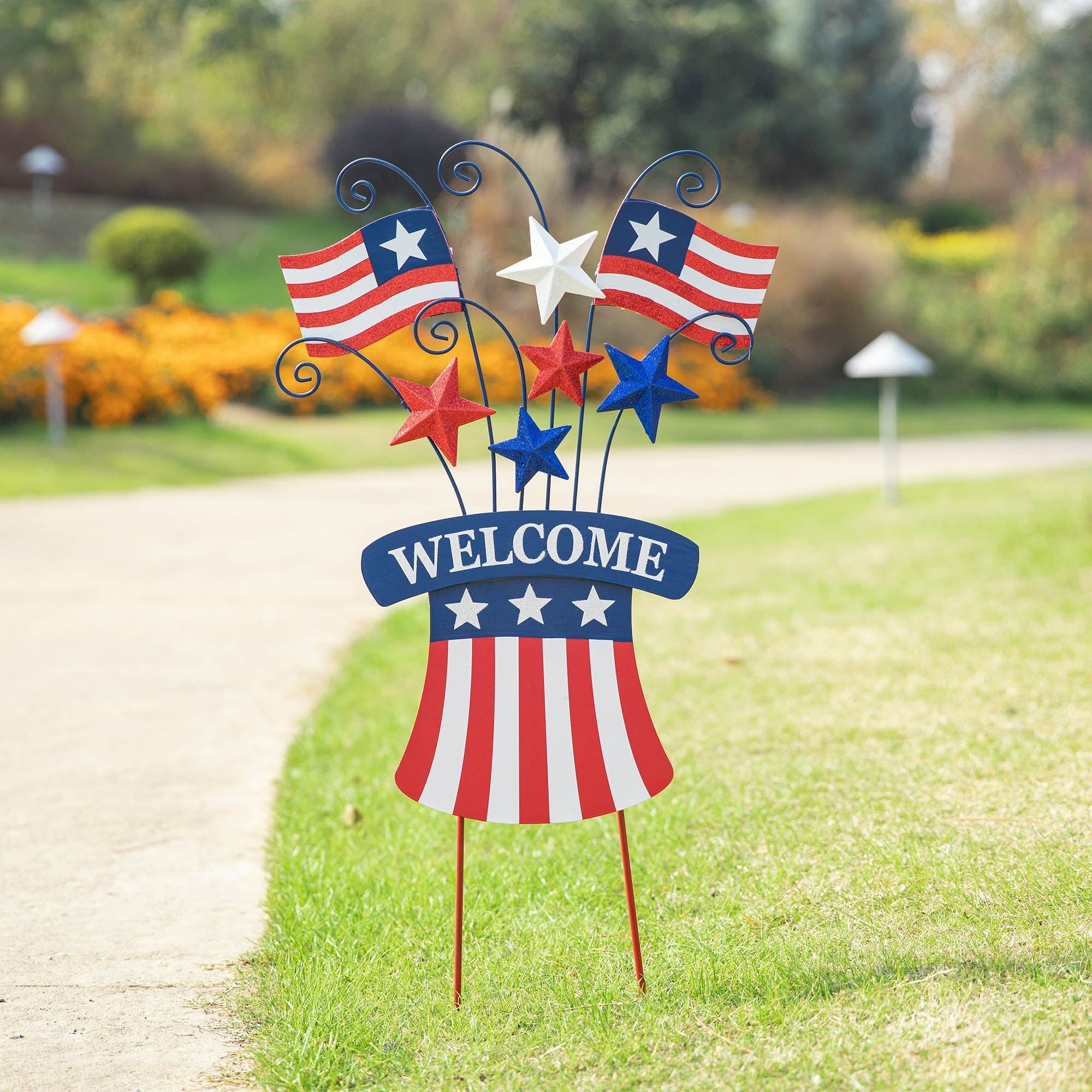 Glitzhome Metal Stars Stripes Yard Stake Or Wall Sign With Welcome Flag –  On Sale – – 32954463 With Metal Sign Stake Wall Art (View 15 of 15)