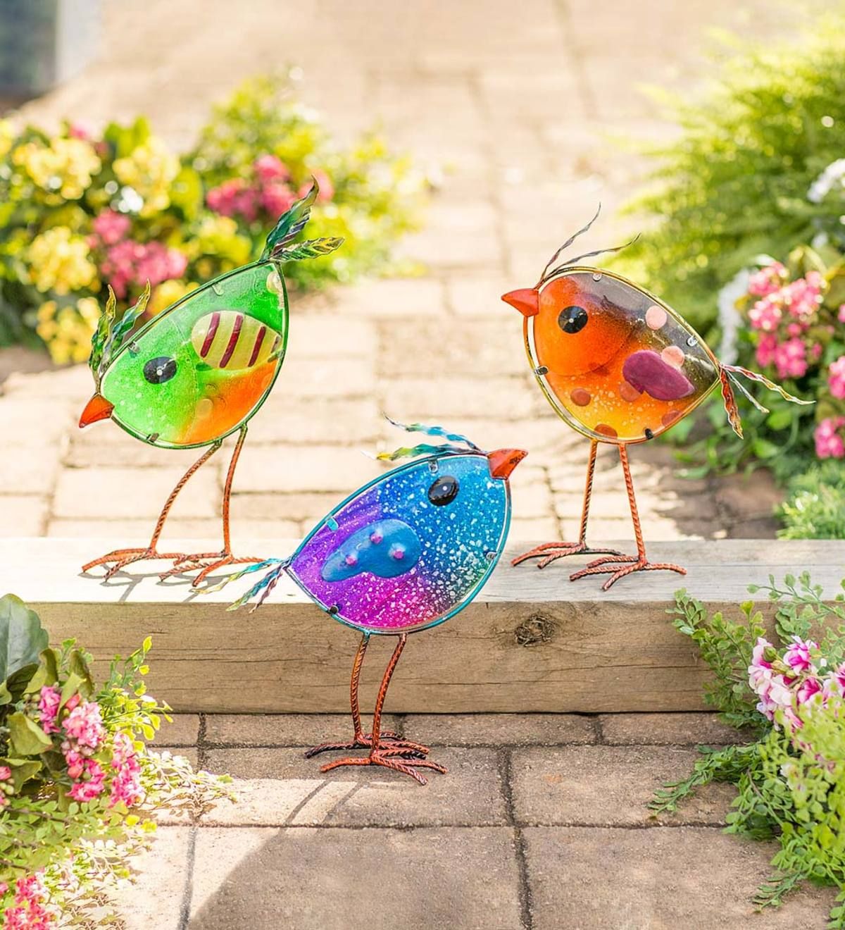 Indoor/outdoor Metal And Colorful Iridescent Glass Bird Statues, Set Of 3 |  Wind And Weather Inside 3d Metal Colorful Birds Sculptures (View 10 of 15)