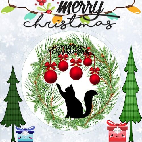 Merry Christmas Cat And Ornament Door Hanger Wreath – Etsy Throughout Farmhouse Ornament Wall Art (View 5 of 15)