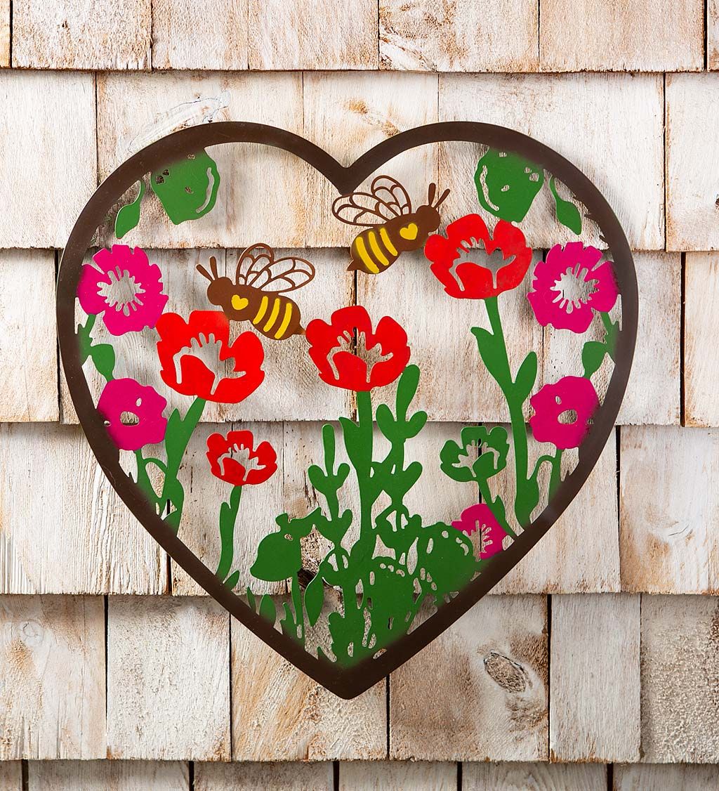 Metal Indoor/outdoor Heart Wall Art With Bees And Flowers | Plowhearth Throughout Indoor Outdoor Wall Art (View 4 of 15)