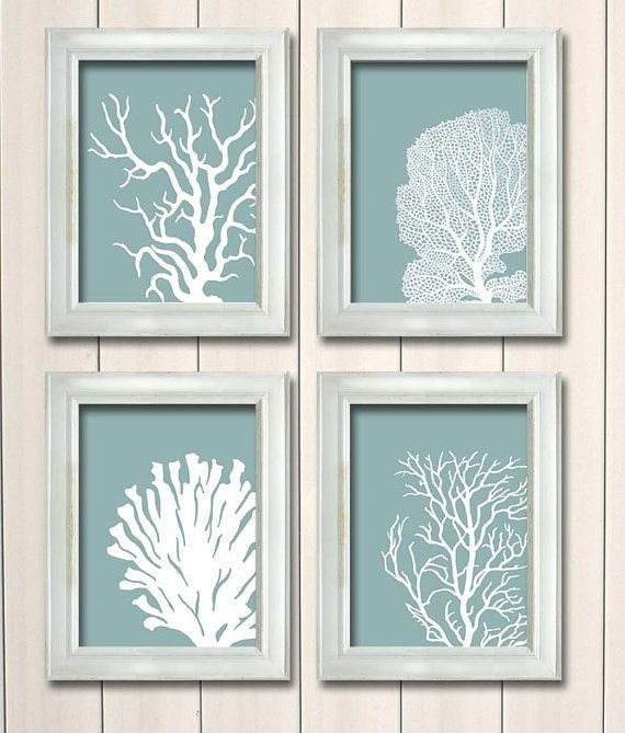 Set 4 Coral Prints Mist Blue/green Nautical Print Nautical – Etsy | Coral  Art, Beach House Bathroom, Beach Decor Inside Nautical Tropical Wall Art (Photo 10 of 15)