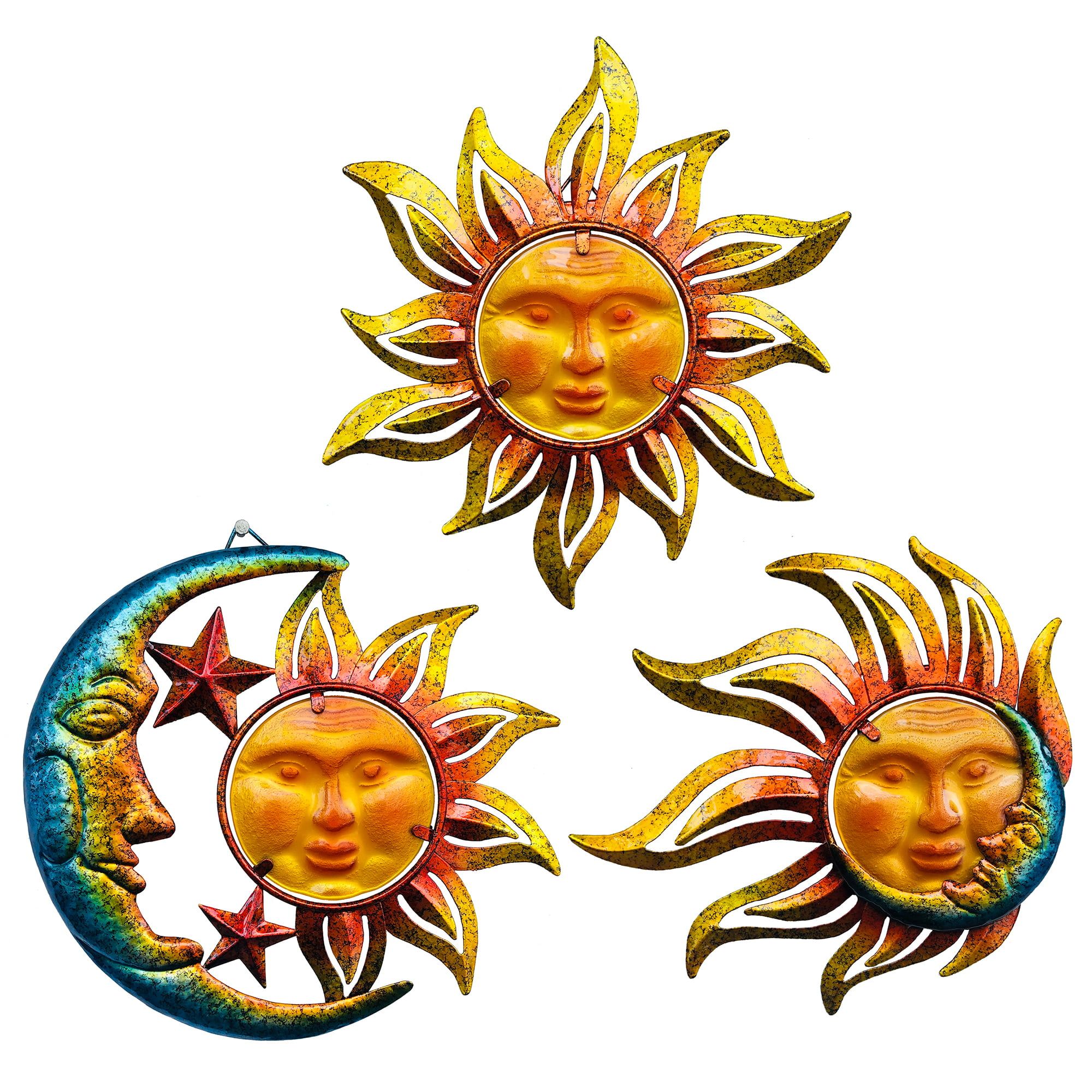 Sun Face Metal Wall Art Décor Outdoor Indoor, Sun Moon Star, Metal & Glass Hanging  Wall Decoration For Living Room Bedroom Bathroom Garden Patio Porch Fence  Balcony, Set Of 3, 9 Inch Throughout Iron Outdoor Hanging Wall Art (View 10 of 15)