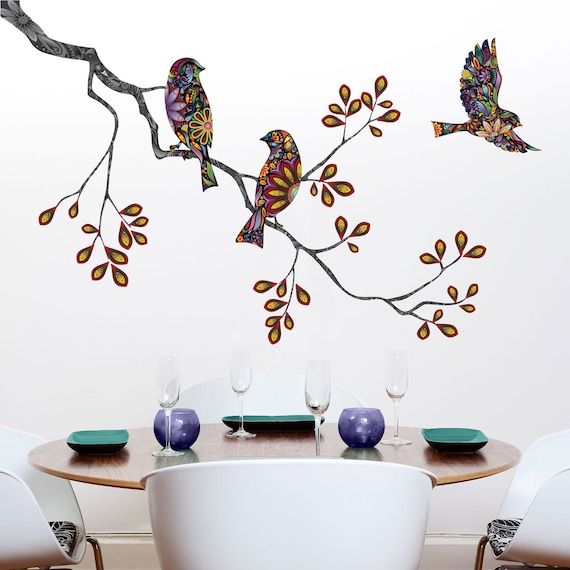 Tree Branch Decal And Bird Wall Decals In Colorful Mosaic – Etsy Inside Bird On Tree Branch Wall Art (Photo 6 of 15)