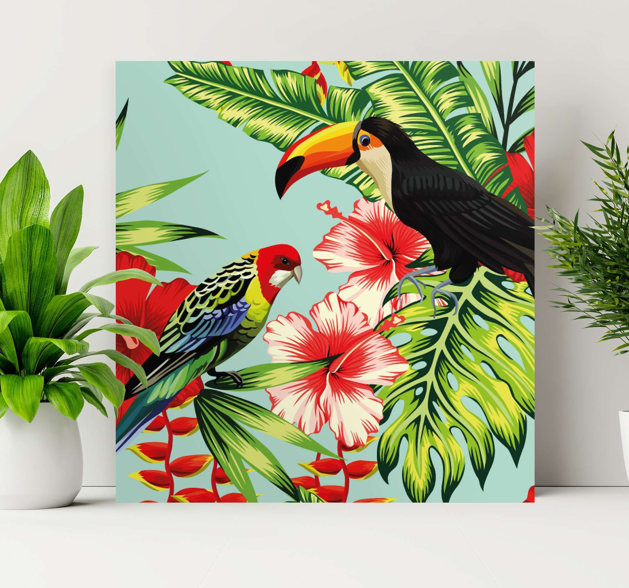 Tropical Red Flowers Bird Canvas Wall Art – Tenstickers Intended For Parrot Tropical Wall Art (Photo 11 of 15)