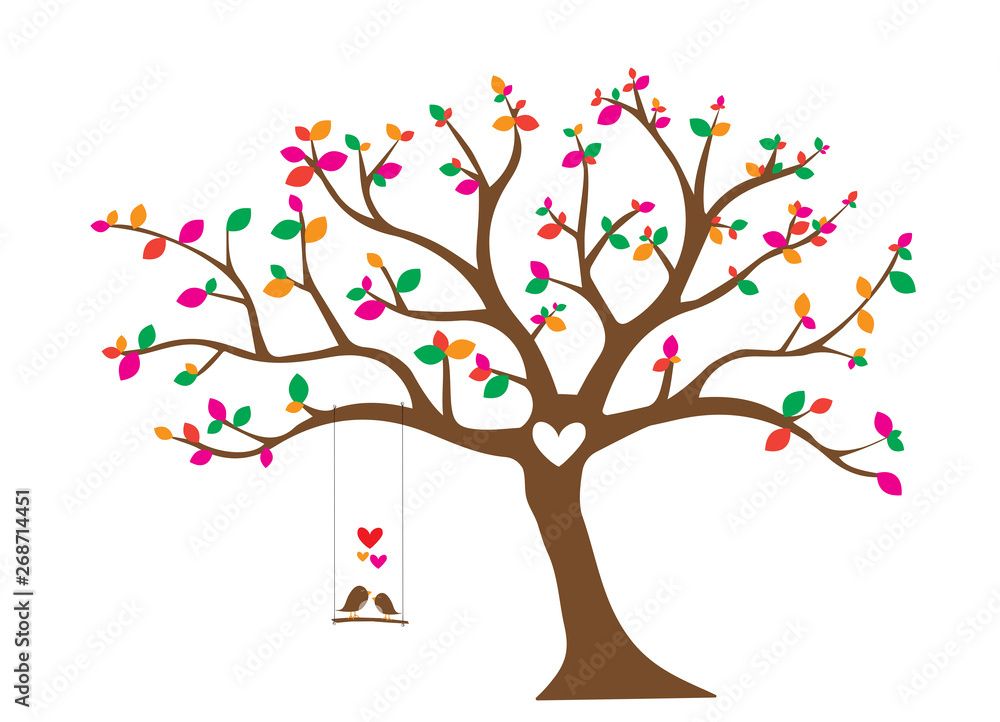 Vecteur Stock Birds Couple Silhouette On Colorful Tree Vector, Birds On  Swing On Branch, Wall Decor, Birds In Love, Wall Decals, Art Decor Isolated  On White Background. Romance In Nature, Romantic | In Bird On Tree Branch Wall Art (Photo 13 of 15)