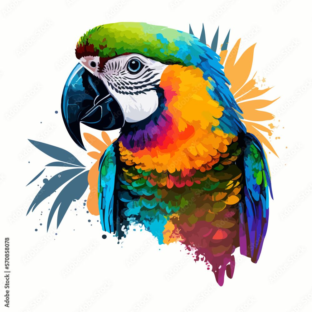 Vecteur Stock Scenic Portrait Of A Cute Tropical Parrot With Colorful  Feathers, Plants And Paint Splatter. Printable Design For Wall Art,  T Shirts, Mugs, Cases (View 3 of 15)