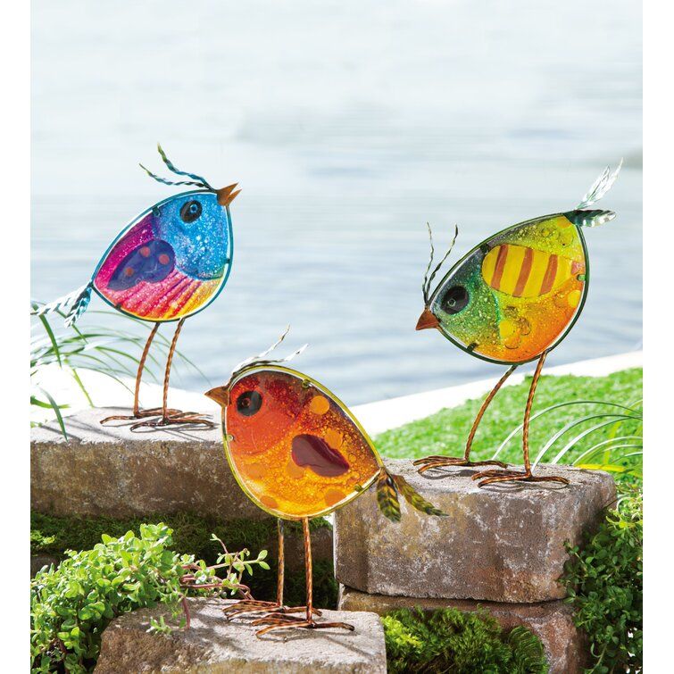 Wind & Weather Colorful Glass Bird 3 Piece Statue Set & Reviews | Wayfair With Regard To 3d Metal Colorful Birds Sculptures (View 3 of 15)