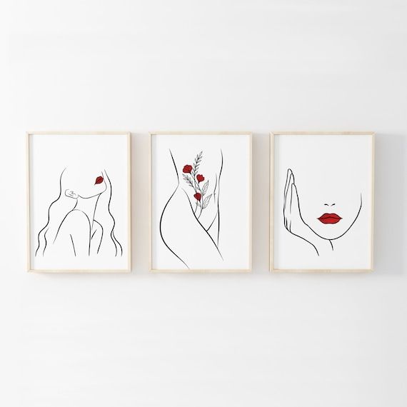 Woman Face And Body Line Art Print Set Of 3 Female Face Red – Etsy Intended For One Line Women Body Face Wall Art (View 4 of 15)