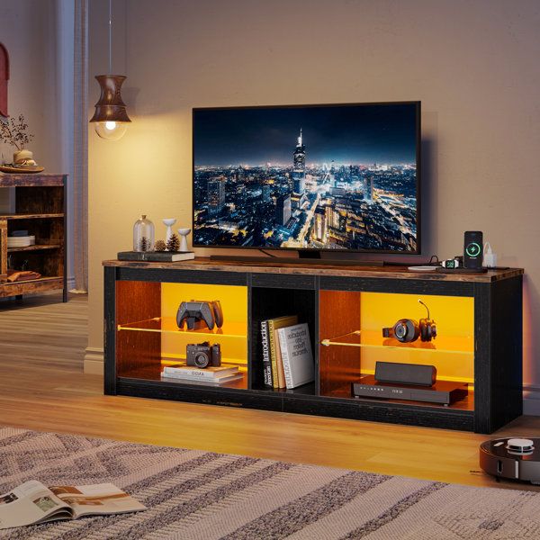 2018 Black Rgb Entertainment Centers Within Williston Forge Aaleigha Tv Stand Cabinet With Power Outlets 140cm Modern  Tv Unit With Glass Shelf Rgb Led Lighted For 65" Tvs & Reviews (Photo 13 of 15)