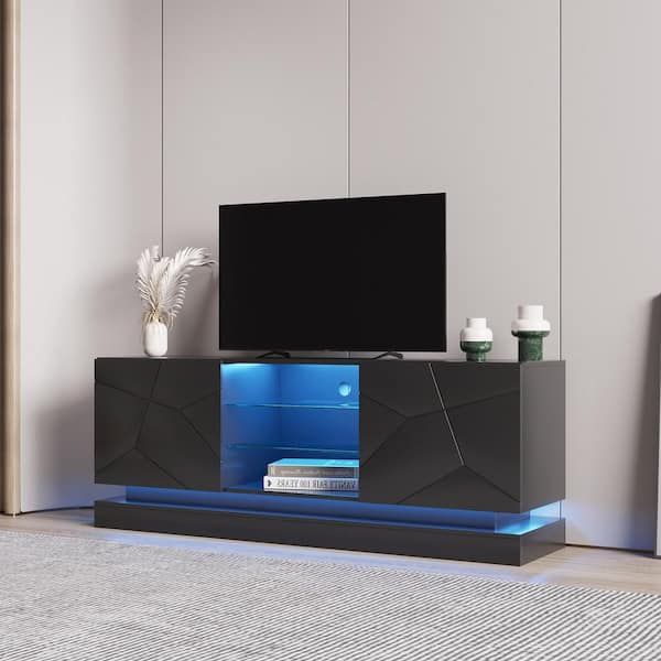 63 In. Black Modern Stylish Functional Tv Stand With Rgb Light Fits Tv's Up  To 70 In. With 2 Glass And Shelves D W33140081 – The Home Depot Inside Preferred Rgb Entertainment Centers Black (Photo 1 of 15)