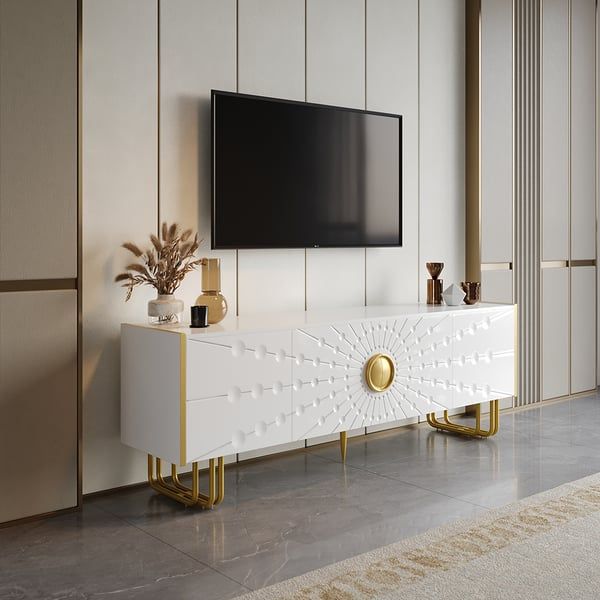 70.9" Art Deco White Tv Stand With 4 Doors And 6 Shelves (Photo 8 of 15)