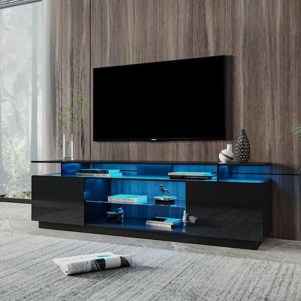 71 In. Modern Black Tv Stand With Rgb Light Fits Tv's Up To 80 In. With 2  Storage Cabinet With Open Shelves D W33146733 – The Home Depot In Popular Black Rgb Entertainment Centers (Photo 7 of 15)