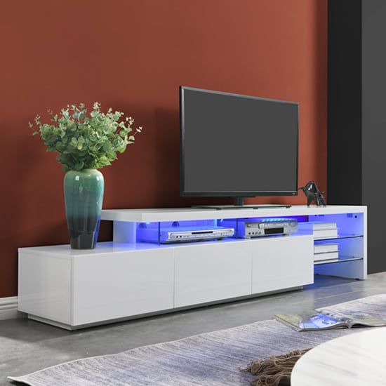 Alanis High Gloss Tv Stand With Storage In White And Led Lights (View 14 of 15)