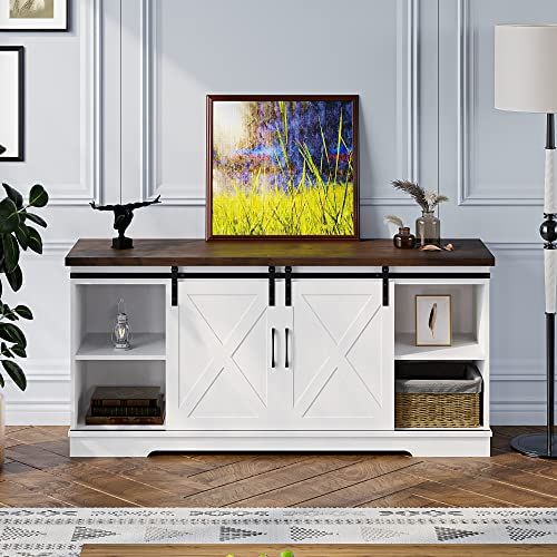 Amyove Tv Stand For 65 Inch Tv, Farmhouse Entertainment Center Tv Media  Console Table, Tall Tv Stand With Storage, Barn Doors And Shelves, White Modern  Tv Console Cabinet Furniture For Living Room – Pertaining To 2018 Modern Farmhouse Barn Tv Stands (Photo 12 of 15)
