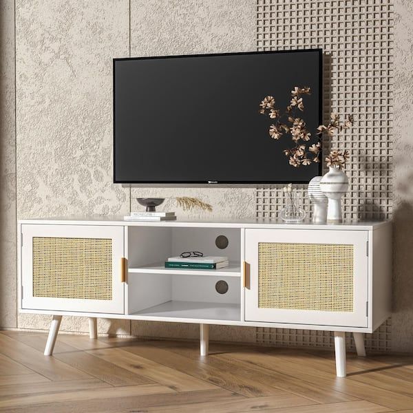 Aupodin 47 In. Farmhouse Rattan Tv Stand Fits Tv's Up To55 Inches Tv Mid  Century Modern Entertainment Center With Cabinet White H0055 – The Home  Depot In Most Popular Farmhouse Rattan Tv Stands (Photo 9 of 15)