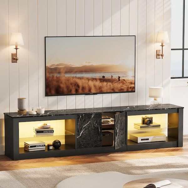 Best And Newest Black Marble Tv Stands Within Bestier 80 In. Black Marble Tv Stand Fits Tv's Up To 85 In (View 6 of 15)