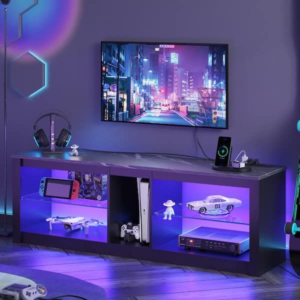 Bestier 55 In. Black Marble Tv Stand With Power Outlets Led Entertainment  Center With Glass Shelves L101014gus Blkm – The Home Depot Inside Favorite Tv Stands With Led Lights &amp; Power Outlet (Photo 7 of 15)