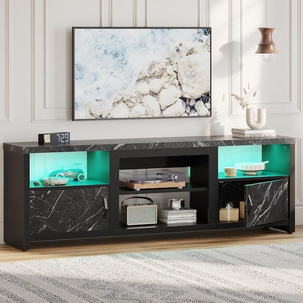 Bestier 70 In. Black Marble Led Tv Stand Fits Tv's Up To 80 In.  Entertainment Center With Cabinets And Removable Shelf L101217y Blkm – The  Home Depot With Regard To Popular Black Marble Tv Stands (Photo 1 of 15)