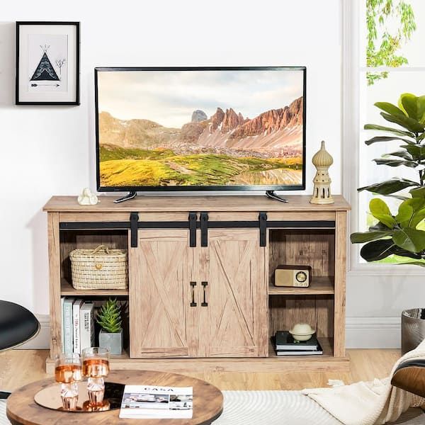 Costway 55 In. Sliding Barn Door Tv Stand Entertainment Media Console Fits  Tv's Up To 65 In. With Adjustable Shelf Hv10086na – The Home Depot Within 2017 Barn Door Media Tv Stands (Photo 1 of 15)