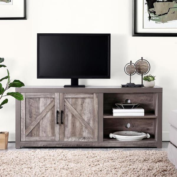 Current Farmhouse Stands For Tvs Regarding Westsky 57.87 In. Wide Farmhouse Style Wood Collection Gray Tv Stand Of  2 Door Cabinet Fits Tv's Up To 65" With Cable Management Lets 1712 Gy – The  Home Depot (Photo 10 of 15)