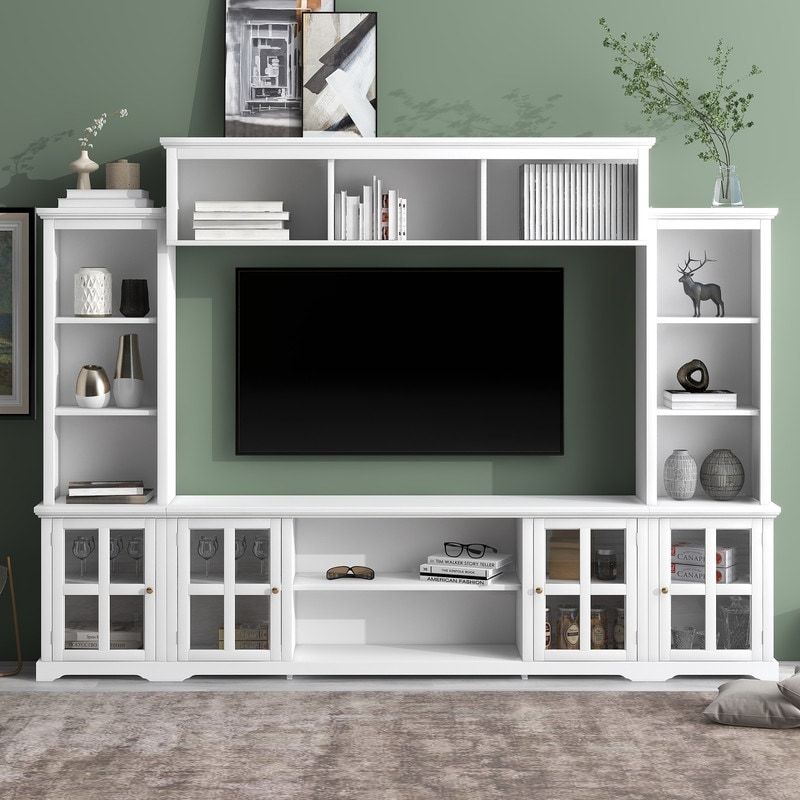 Entertainment Wall Unit With Bridge, Tv Console Table For Tvs Up To 70",  Multifunctional Tv Stand With Tempered Glass Door – Bed Bath & Beyond –  38423632 With Trendy Entertainment Units With Bridge (View 4 of 15)