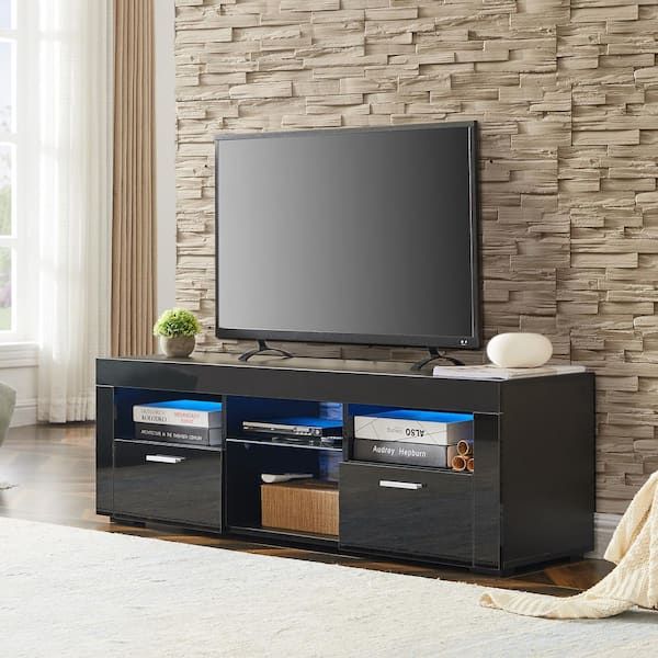 Famous Black Rgb Entertainment Centers Within 51 In. Black Tv Stand With 2 Drawers Fits Tv's Up To 55 In (View 4 of 15)