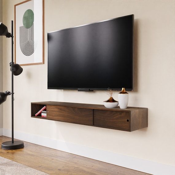 Famous Media Entertainment Center Tv Stands Pertaining To Walnut Floating Tv Stand Media Console With Sliding Doors, Tv Stand – Etsy (Photo 7 of 15)