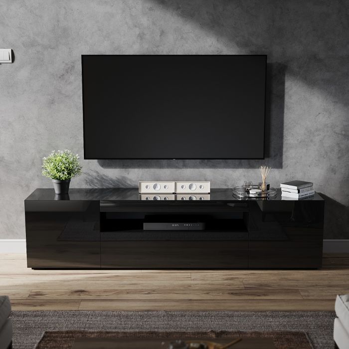 Famous Rgb Entertainment Centers Black Throughout Elegant 200cm High Gloss Tv Stand Black Cabinet Unit Doors Storage With Rgb  Led Cupboard (View 8 of 15)