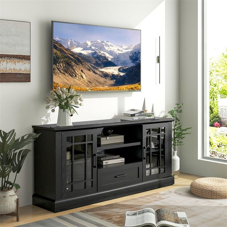 Farmhouse Tv Stand Entertainment Center Tall Media Console Table For Tvs Up  To 70 Inch With 2 Glass Doors Cubbies & Drawer In 2023 (Photo 3 of 15)