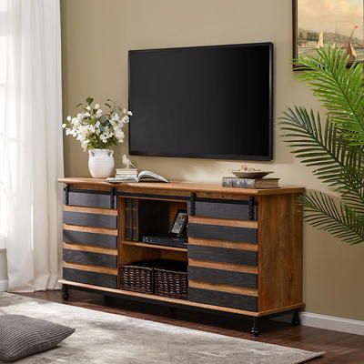Farmhouse Tv Stand For Tvs Up To 65 Inches, Wood Media Entertainment Center  With Storage Cabinet For Living Room, Black & Brown – Yahoo Shopping Within Well Liked Farmhouse Media Entertainment Centers (View 15 of 15)