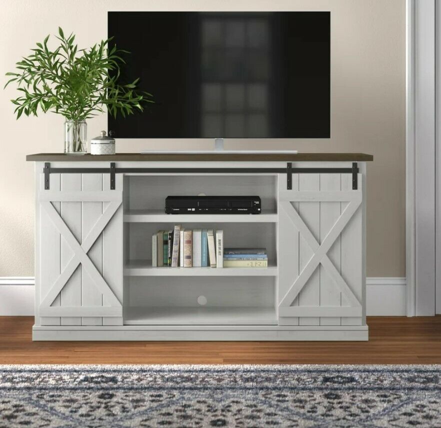 Farmhouse Tv Stand Up To 70 Inch Tvs Barn Door Entertainment Center White  Wood (View 8 of 15)
