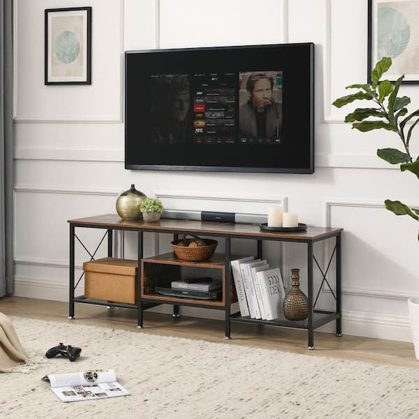 Fashionable Tier Stand Console Cabinets With Vecelo Industrial Tv Stand Television Cabinet 3 Tier Console With Open  Storage Shelves 55 In. Brown Khd Tv03 Brn 140 – The Home Depot (Photo 11 of 15)
