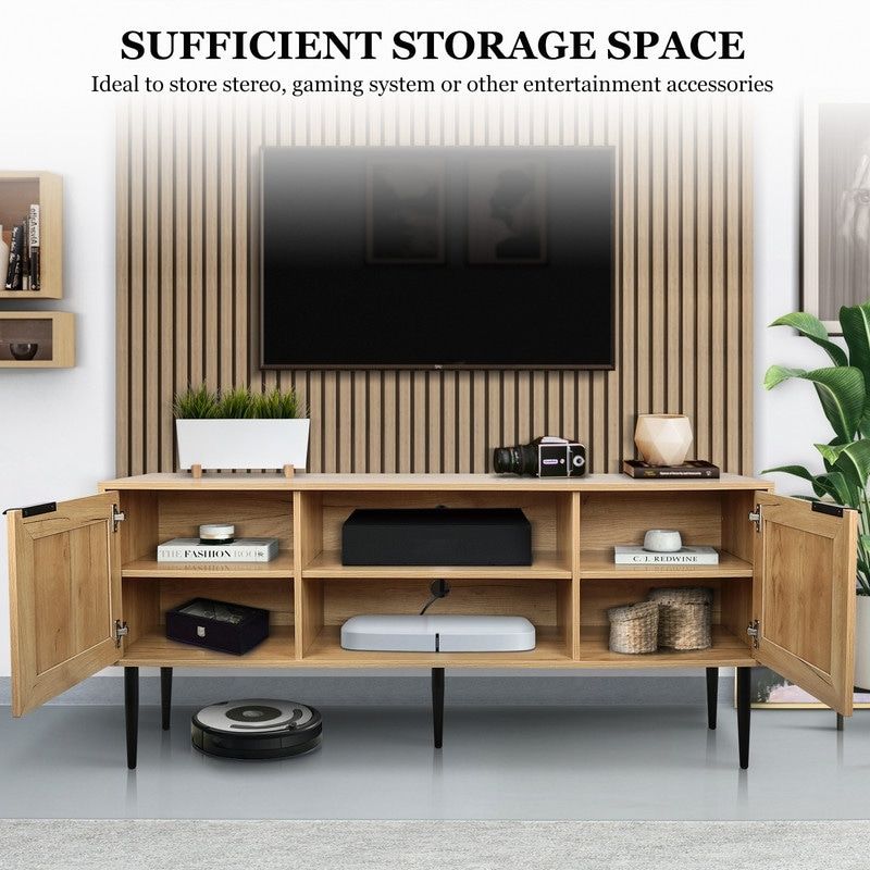 Fashionable Tv Stands With 2 Doors And 2 Open Shelves Regarding Wooden Tv Stand With 2 Rattan Decorated Doors And 2 Open Shelves,tvs Up To  65 Inches – Bed Bath & Beyond – 37873498 (Photo 7 of 15)